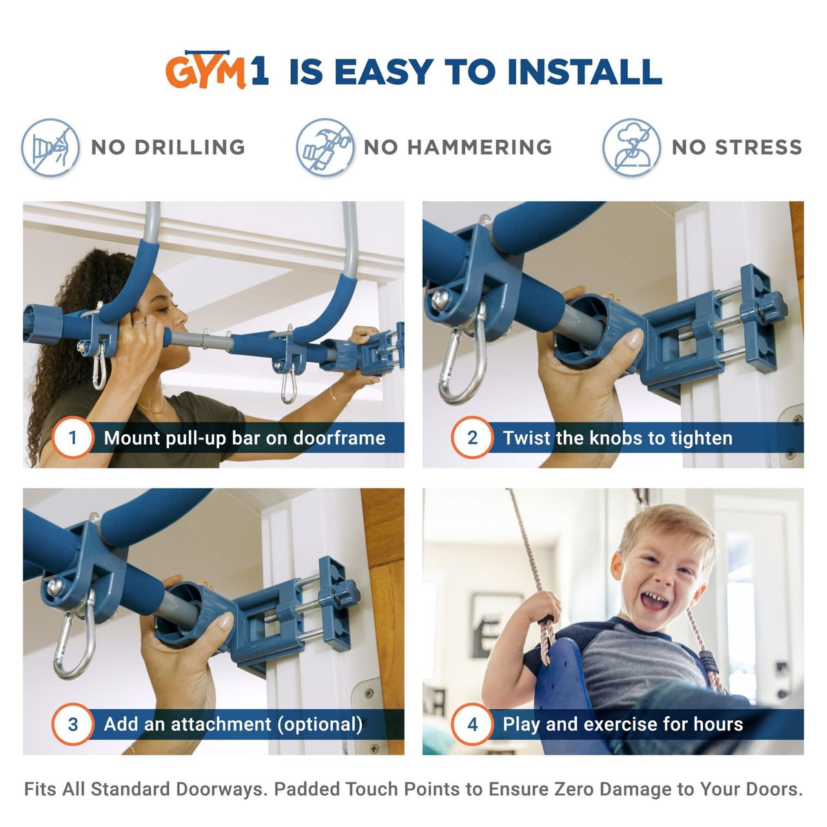 Gym1 Doorway Swing & Pull-Up Bar Gym — Indoor Kids Fitness Playset (2-Piece, Blue)