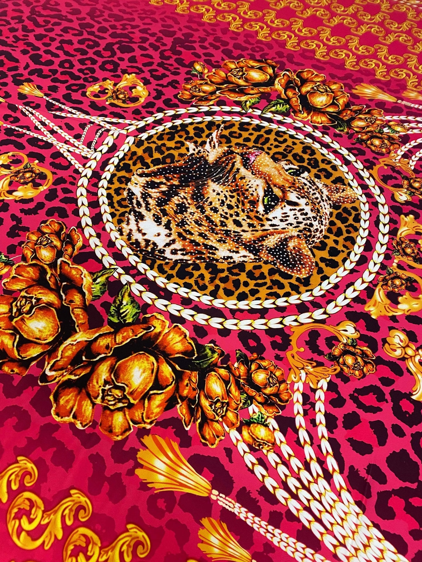 Fuchsia Leopard Baroque Pattern Fabric by Metre