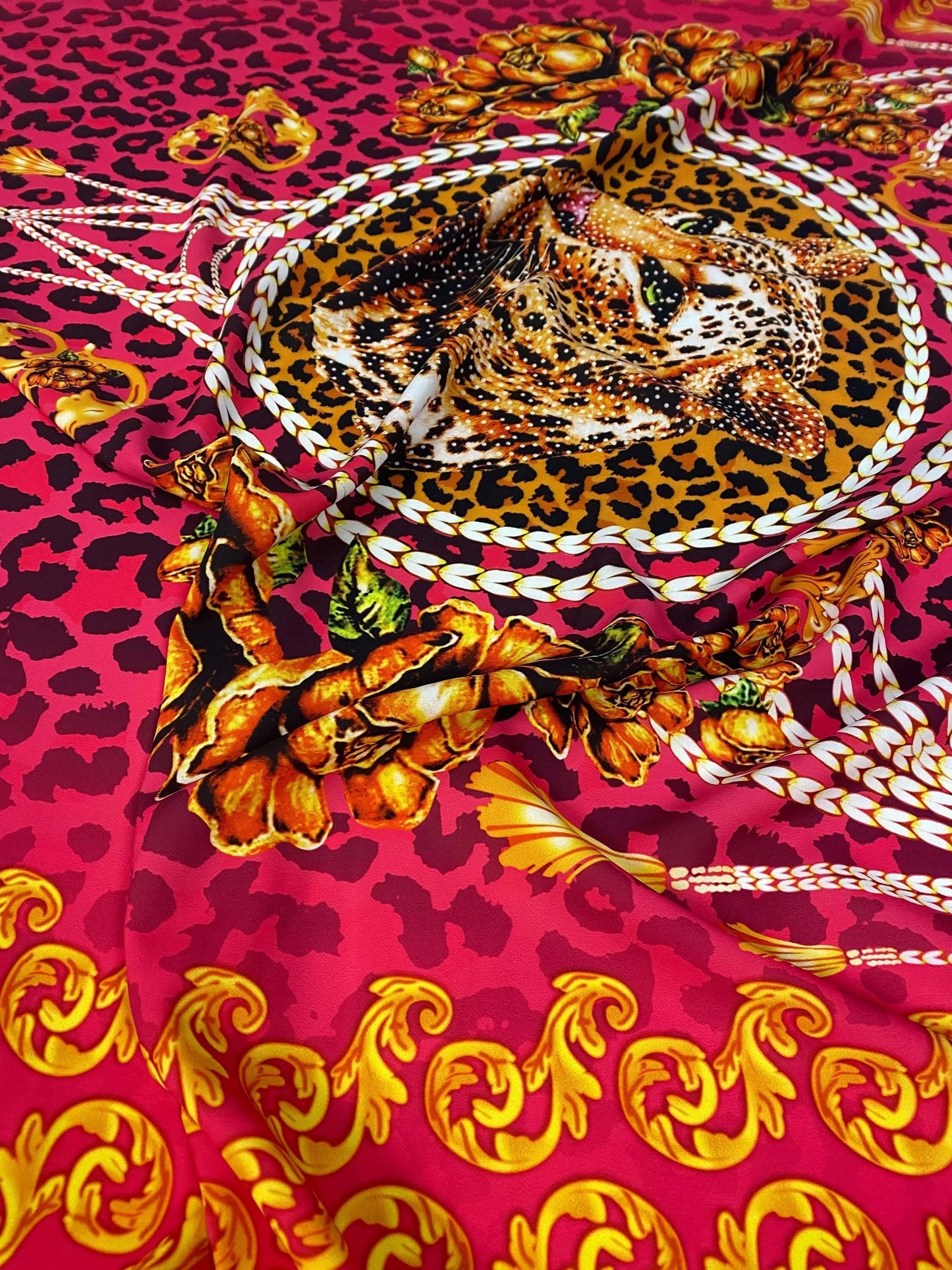 Fuchsia Leopard Baroque Pattern Fabric by Metre