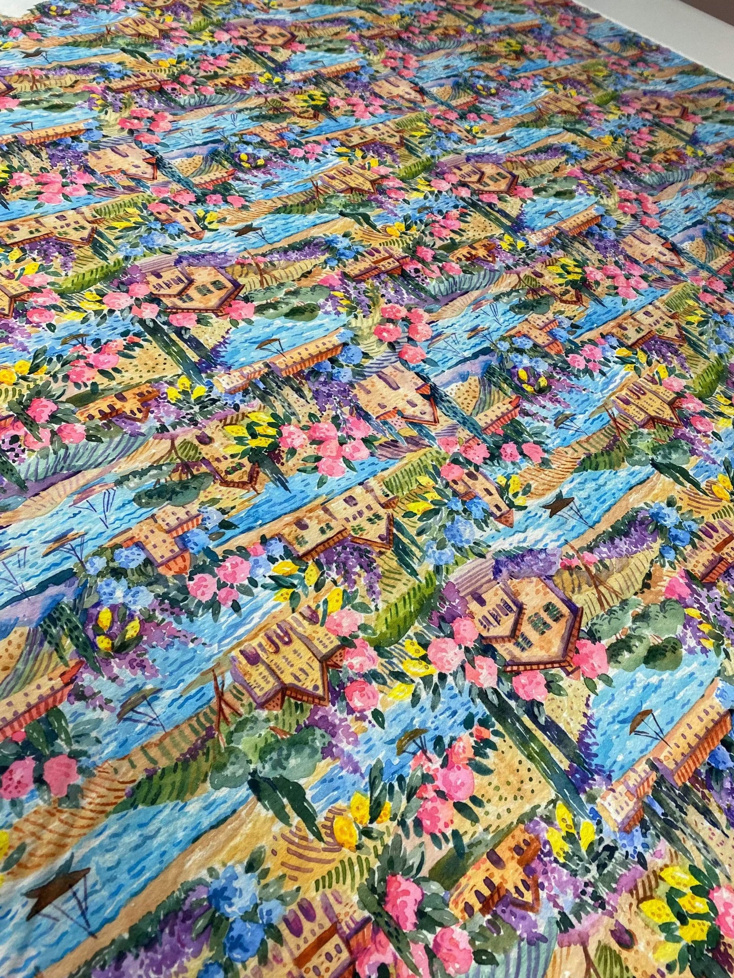 Watercolor Coastal Village Print Fabric By Metre