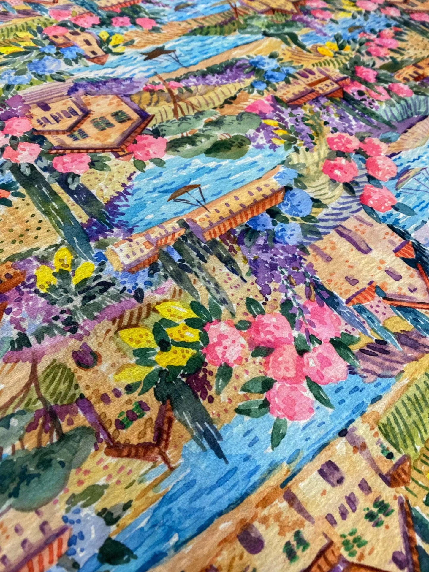 Watercolor Coastal Village Print Fabric By Metre