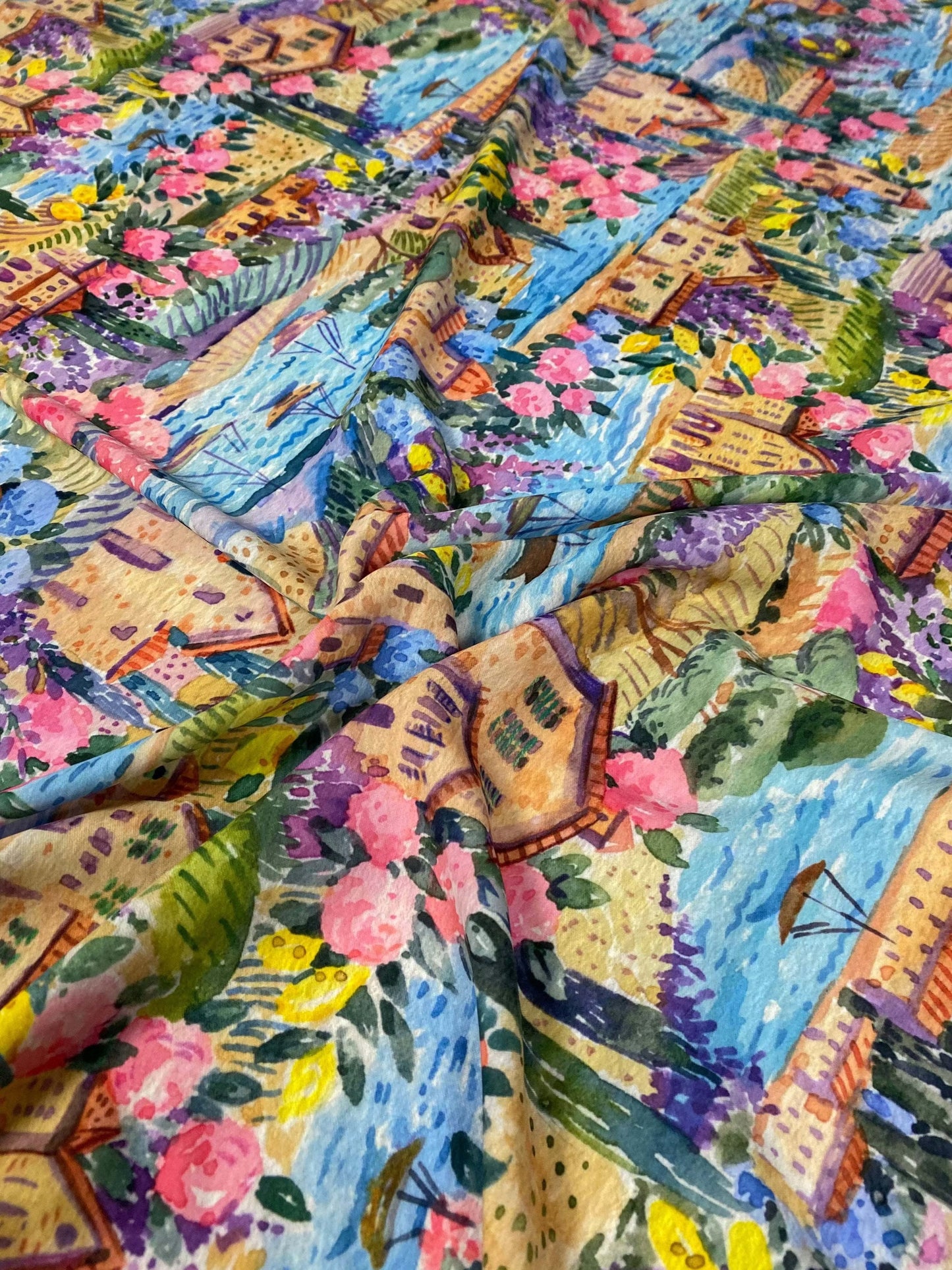 Watercolor Coastal Village Print Fabric By Metre