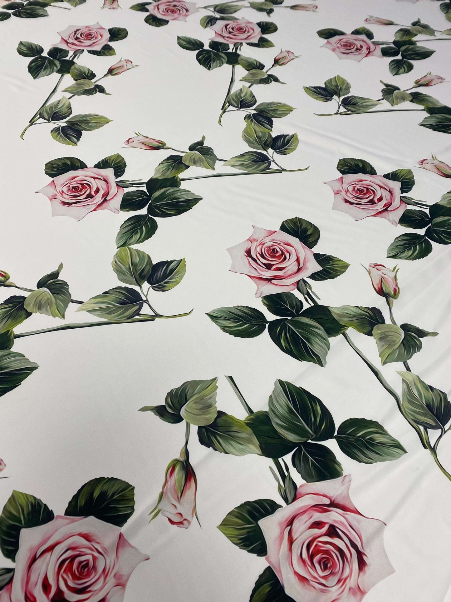 Pink Rose White Pattern Floral Fabric Sold by Metre