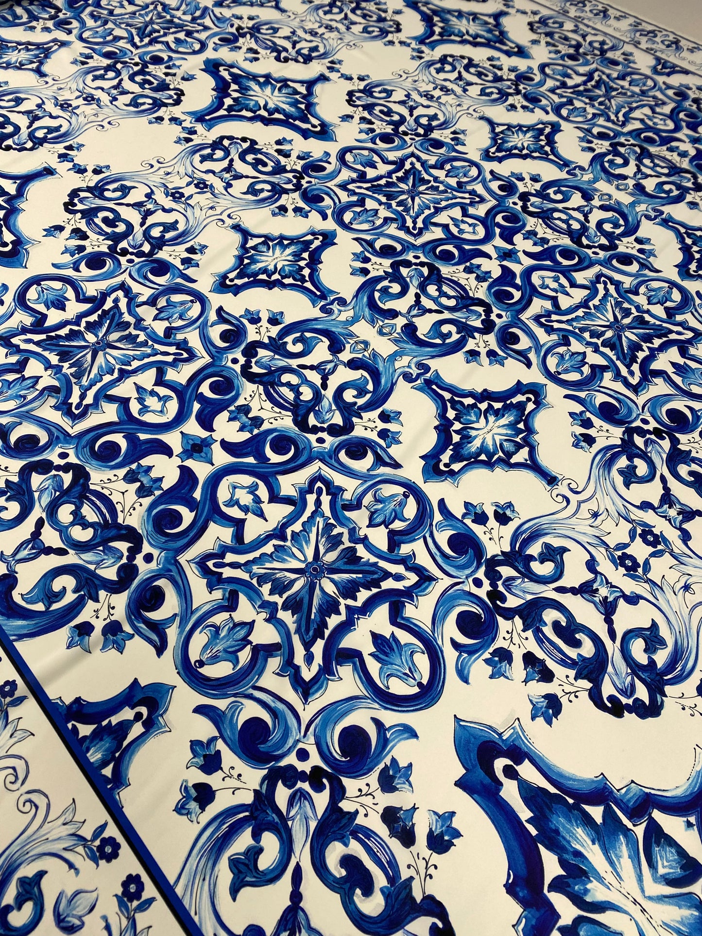 Majolica Floral Scroll Blue White Fabric by the Metre