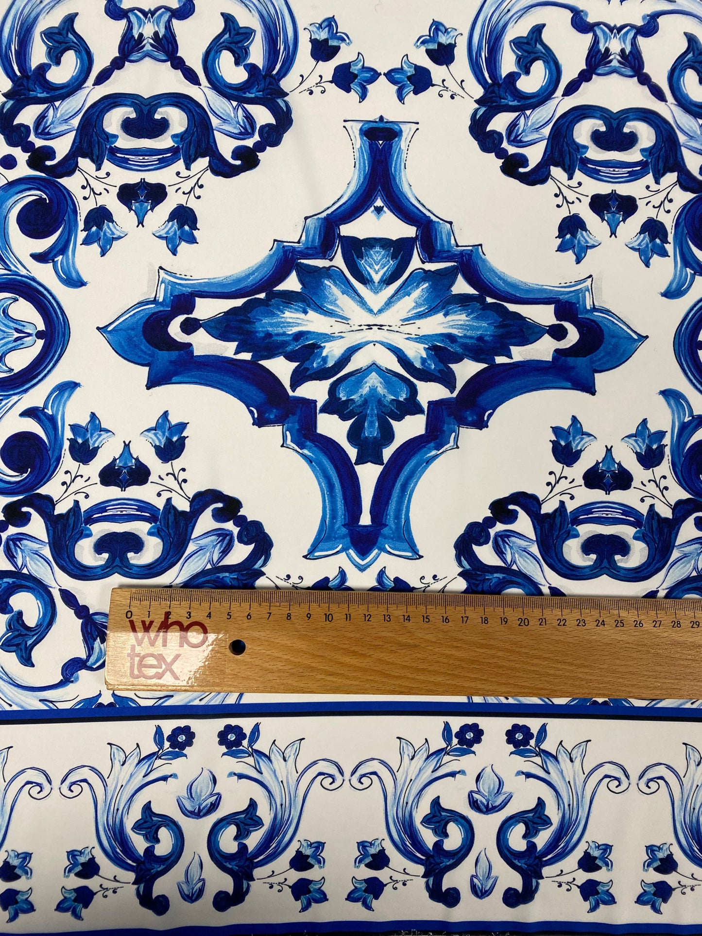 Majolica Floral Scroll Blue White Fabric by the Metre