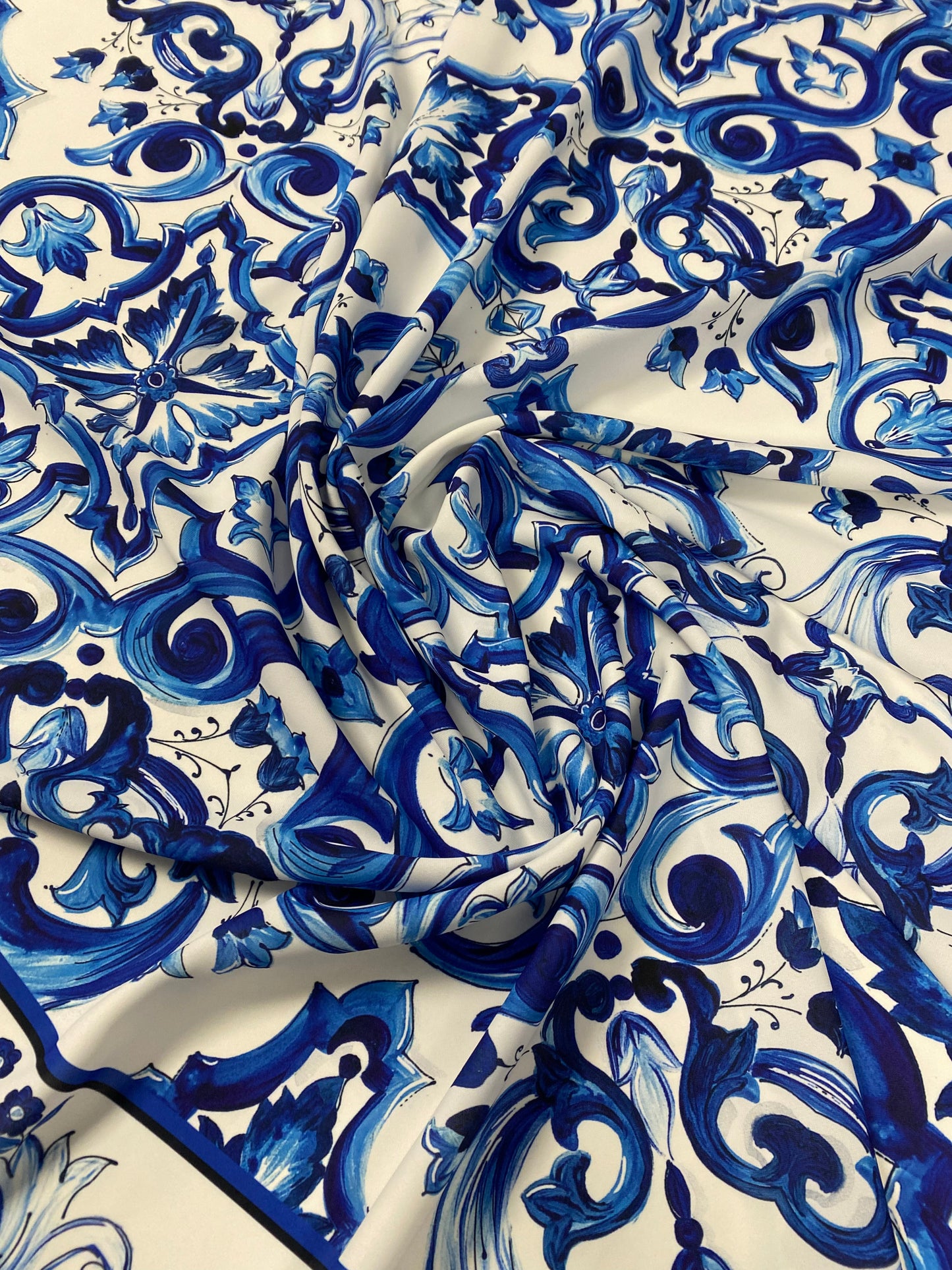 Majolica Floral Scroll Blue White Fabric by the Metre
