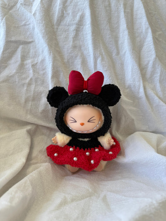 Labubu Classic Cartoon Outfit Set - Red Dress & Polka Dot Bow (17cm)