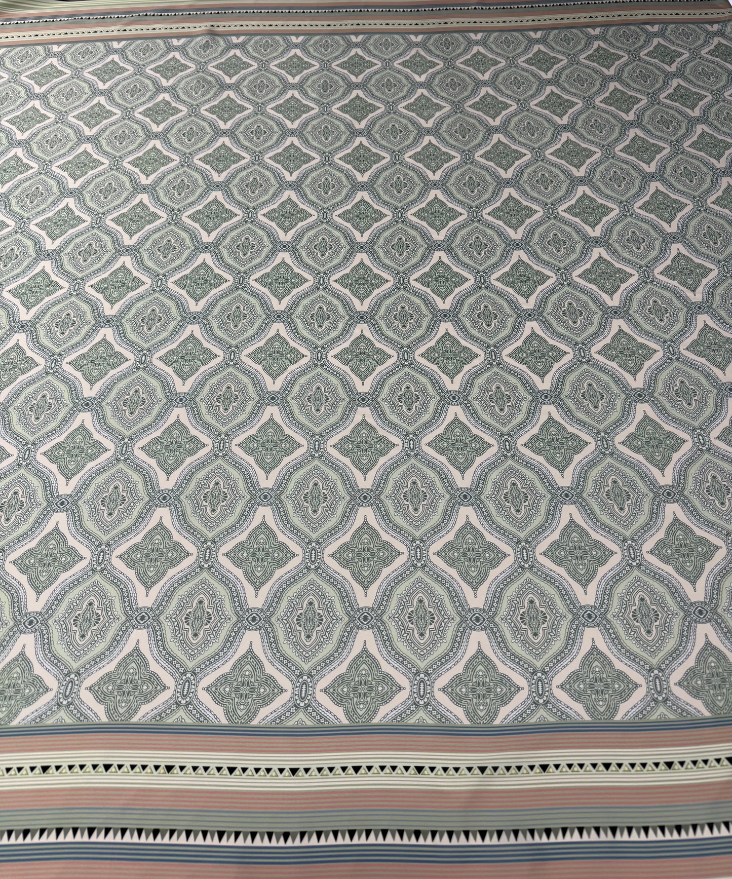 Soft Green and Pink Ethnic Pattern with Border Stripes Fabric by Metre