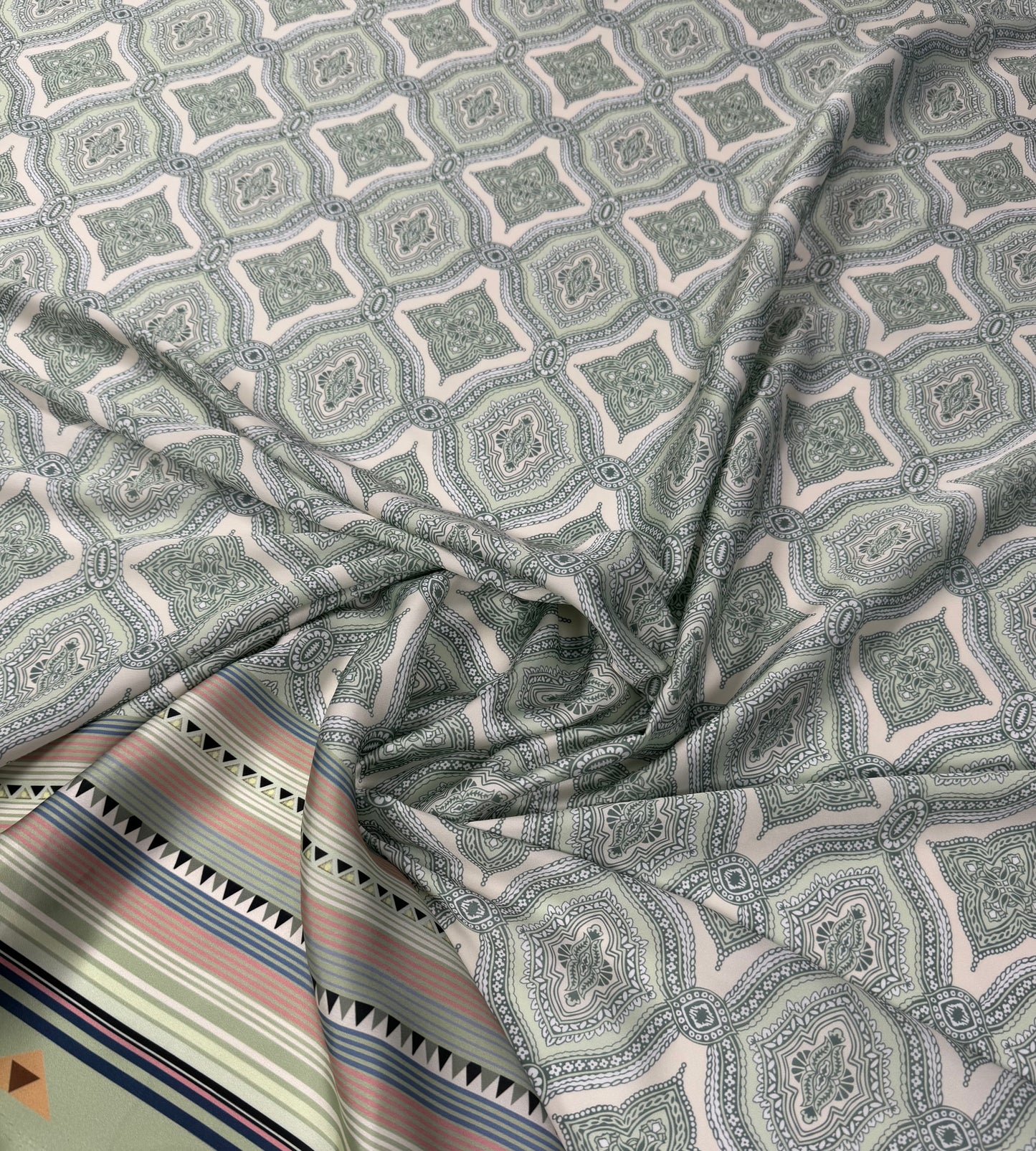 Soft Green and Pink Ethnic Pattern with Border Stripes Fabric by Metre