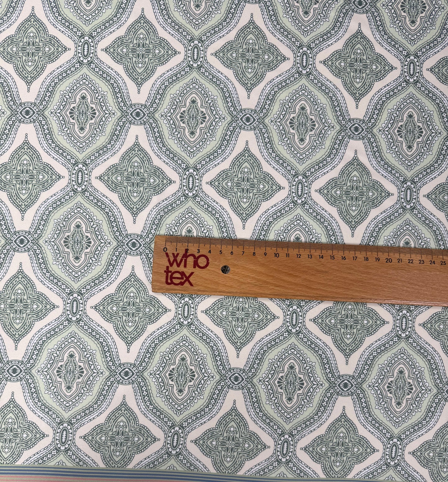 Soft Green and Pink Ethnic Pattern with Border Stripes Fabric by Metre