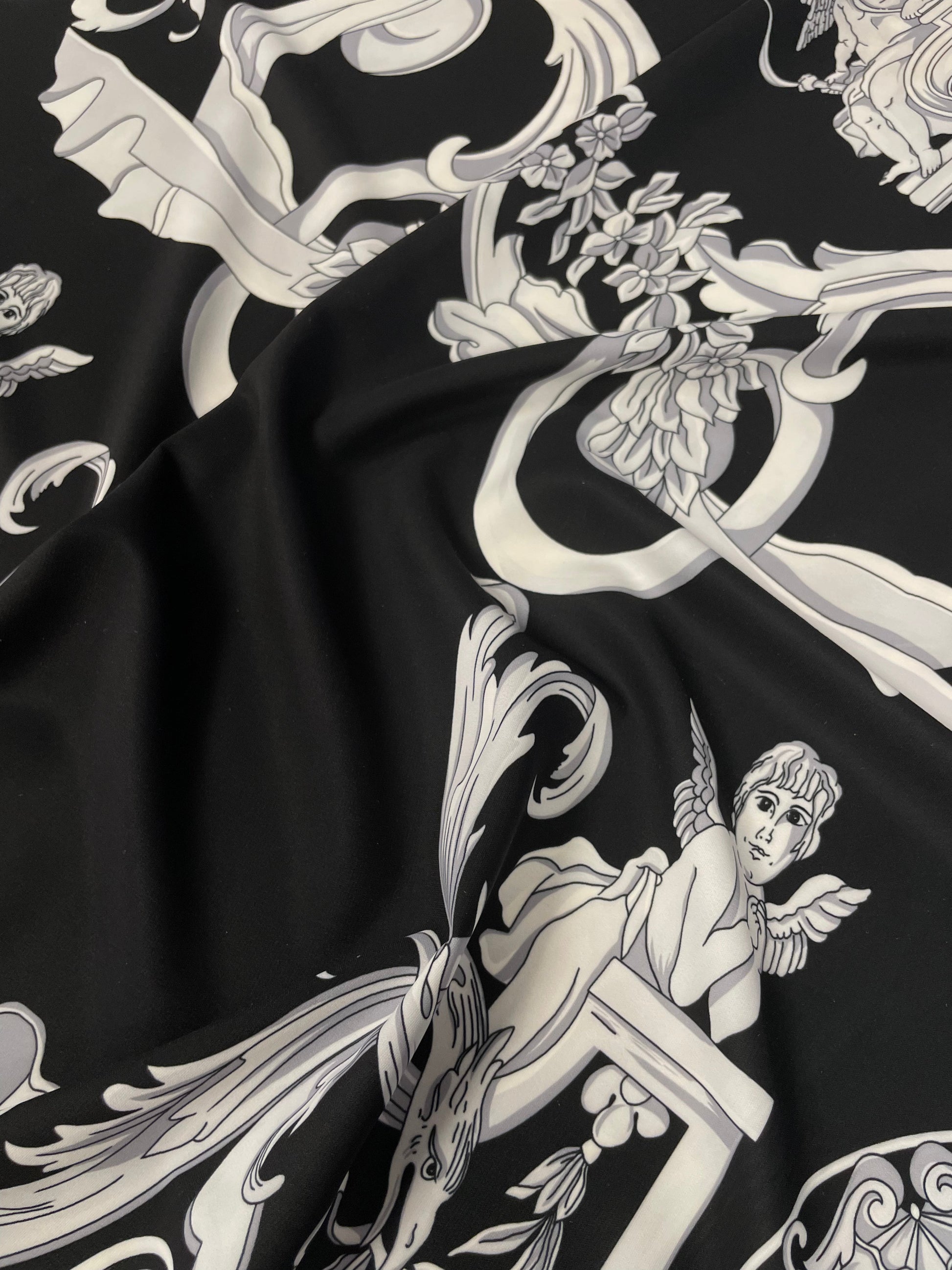 Black & White Baroque Crepe Fabric by the Metre – Elegant