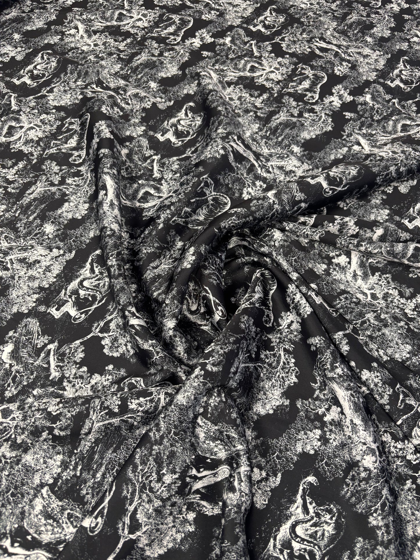 Black & White Chiffon Satin Fabric by the Metre – Toile de Jouy Scenic