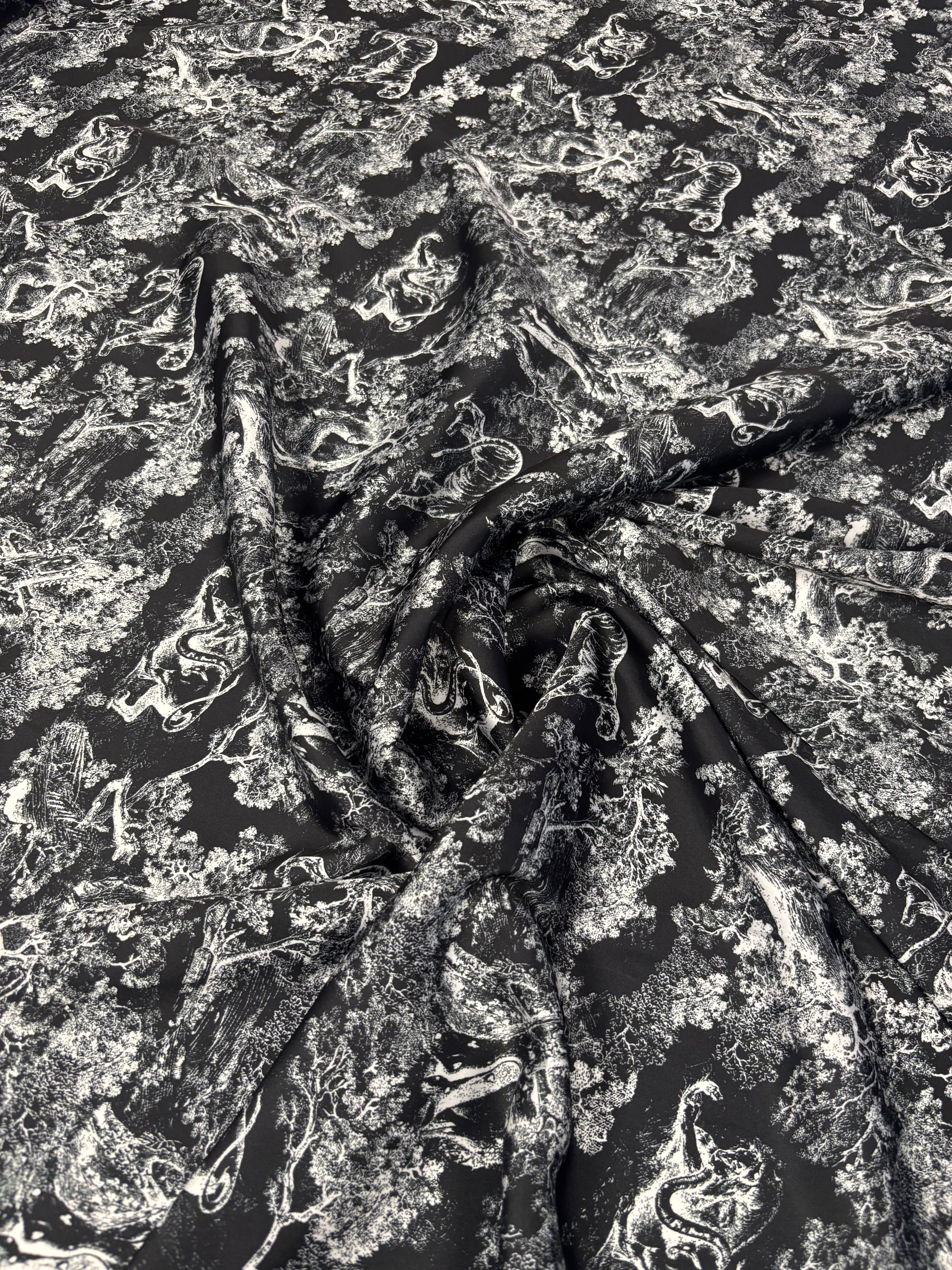 Black & White Chiffon Satin Fabric by the Metre – Toile de Jouy Scenic