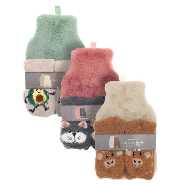 Hot water bottle with cosy socks gift set