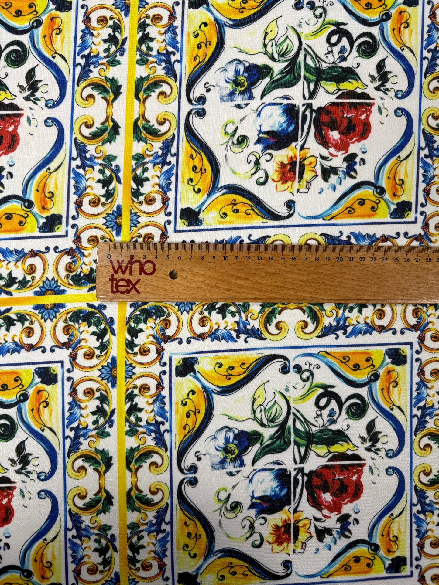 Blue and Yellow Floral Majolica Pattern Fabric Sold by Metre