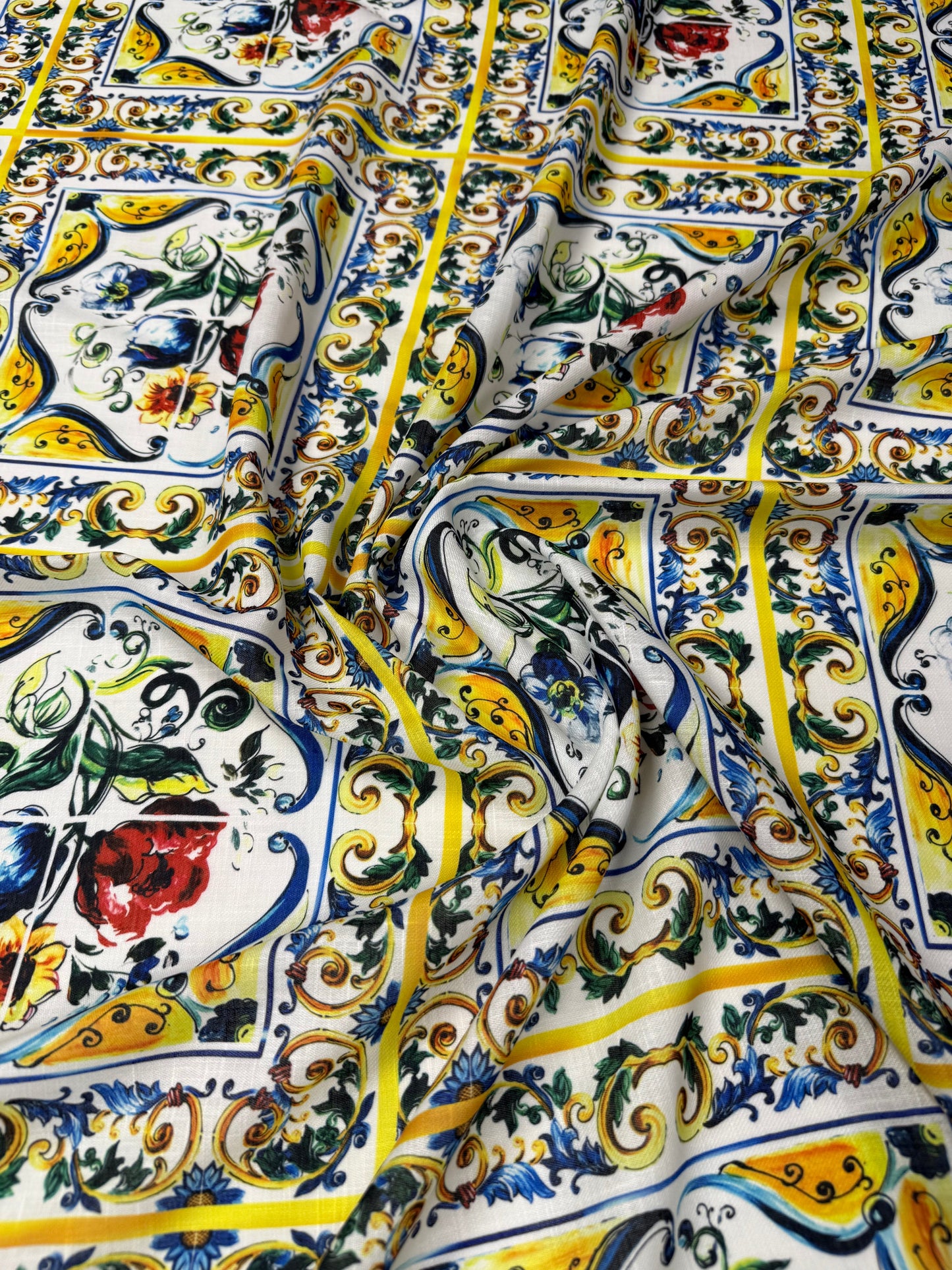 Blue and Yellow Floral Majolica Pattern Fabric Sold by Metre
