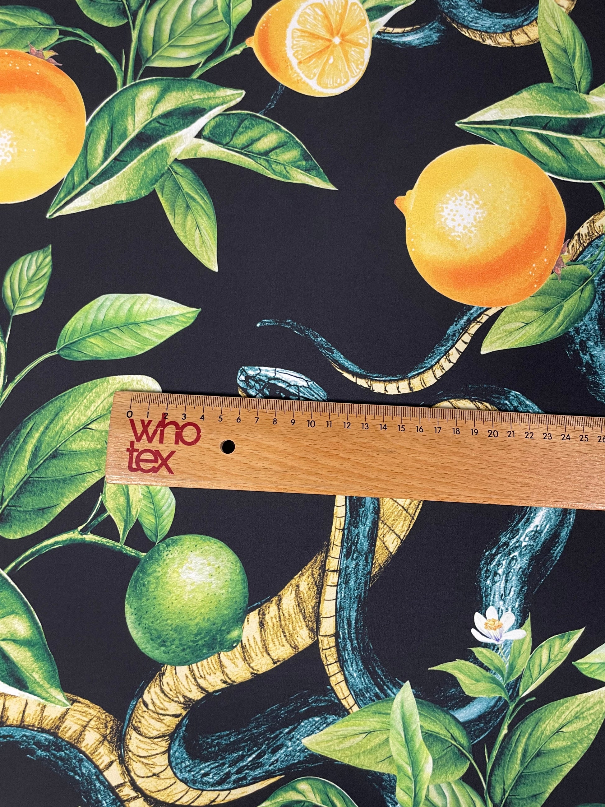 Black Satin Fabric with Snake & Citrus Print