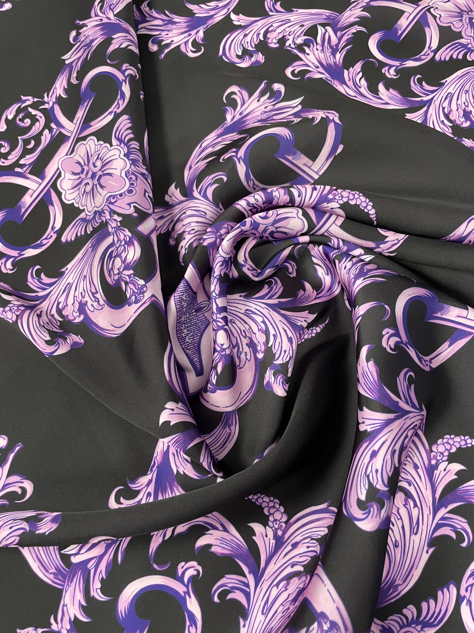 Black Satin Fabric with Purple Baroque Pattern