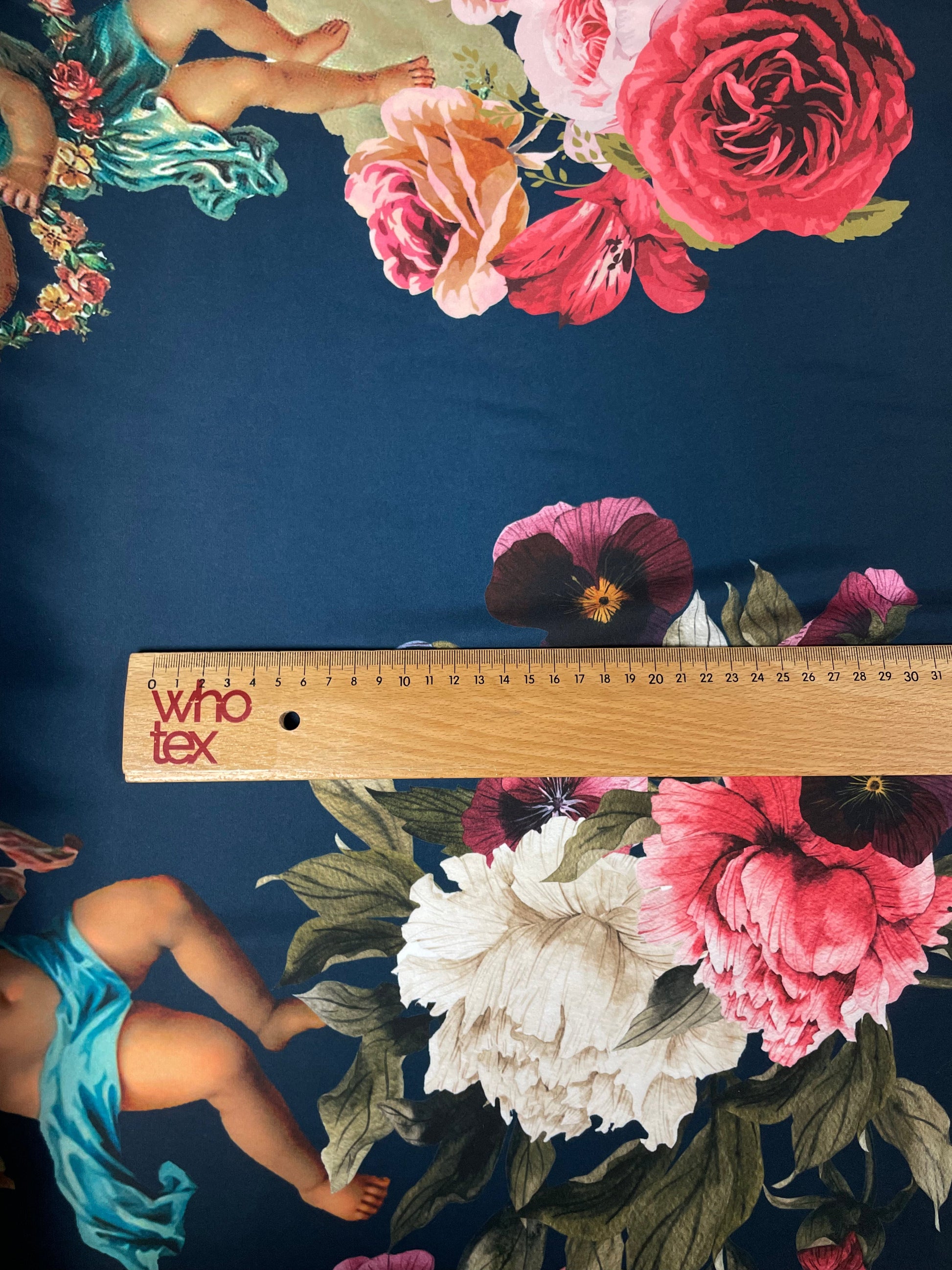 Black Satin Fabric with Floral & Cherub Print