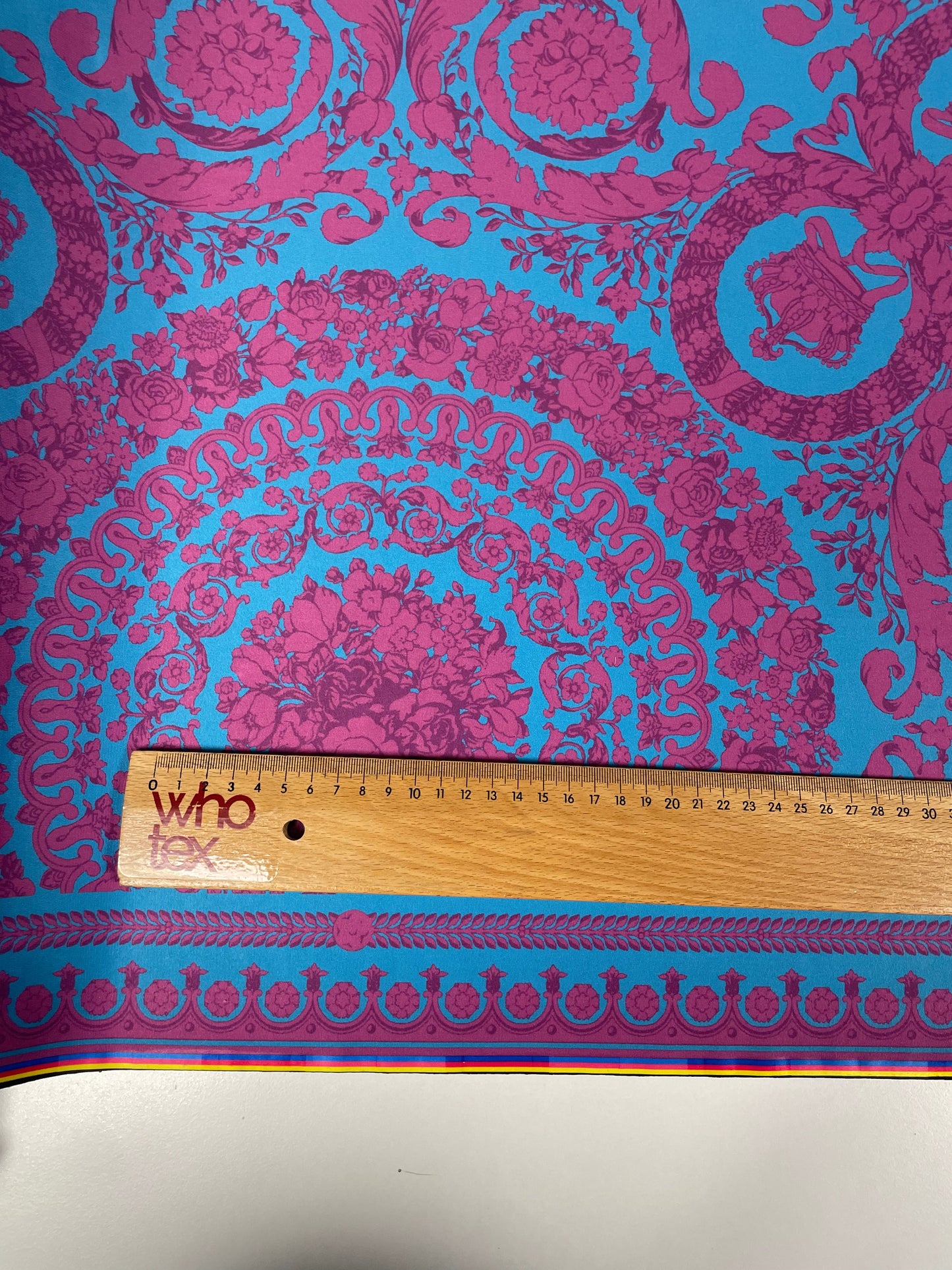 Baroque Floral Lycra Stretch Fabric Turquoise Pink by the Metre