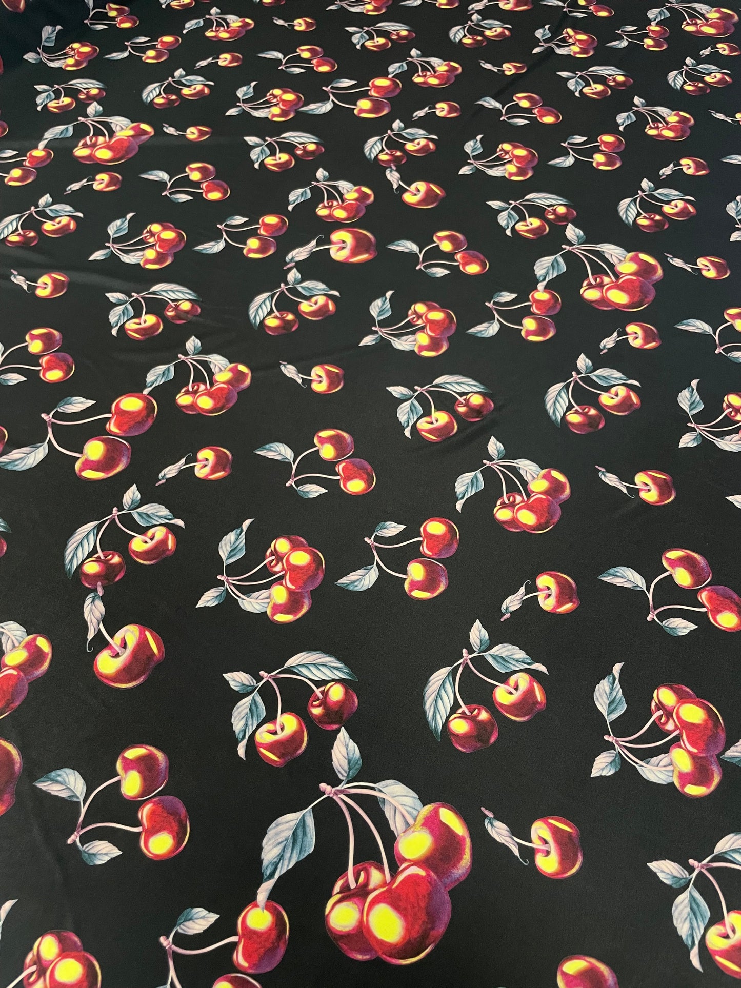 Black Cherry Print Lycra Stretch Fabric by the Metre