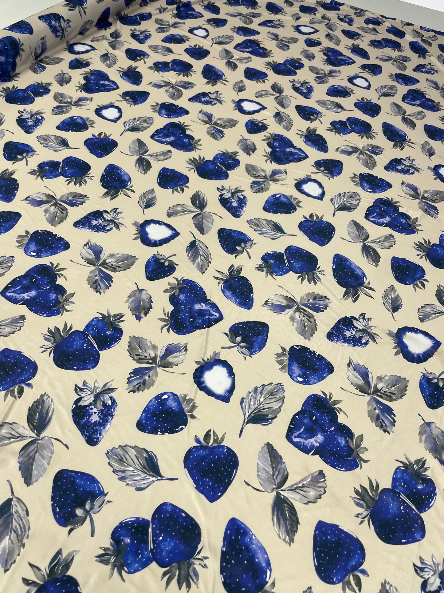Blue Strawberry Print Lycra Stretch Fabric by the Metre