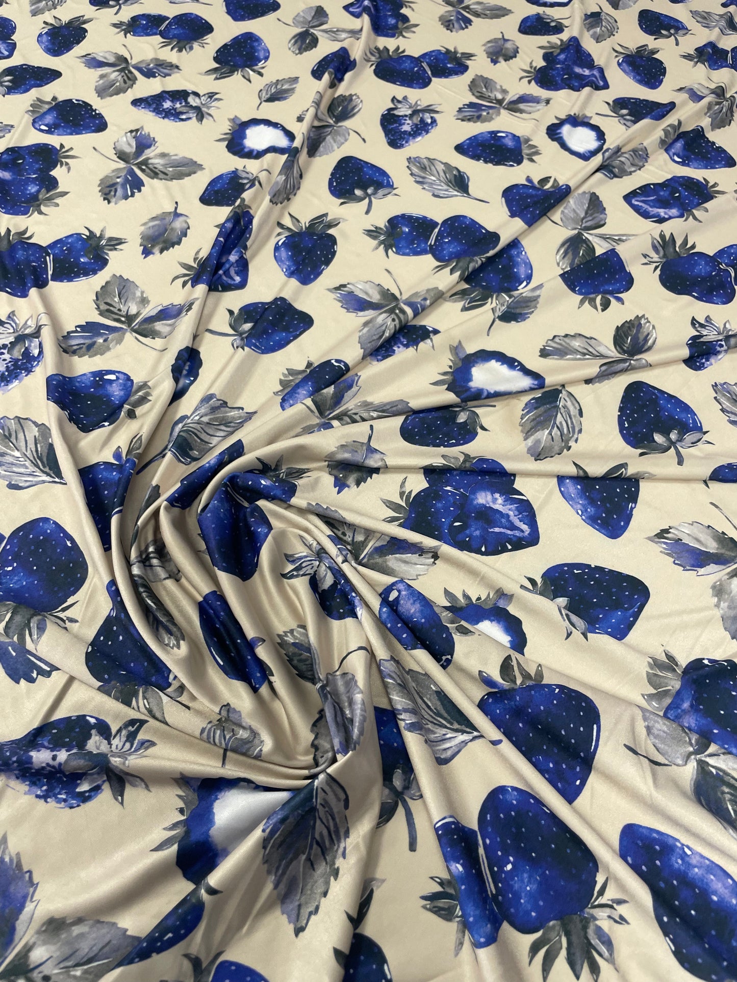 Blue Strawberry Print Lycra Stretch Fabric by the Metre