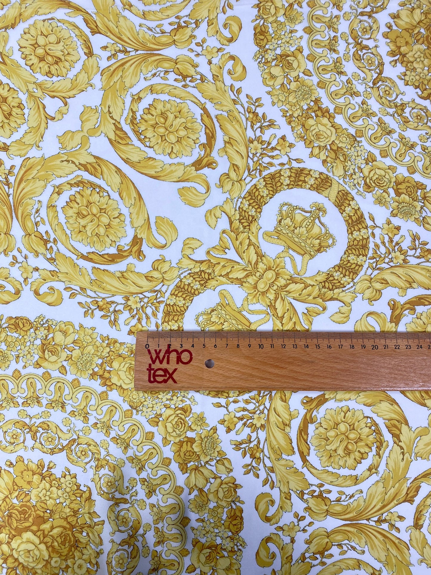 Gold Baroque Medallion Scroll White Fabric by the Metre