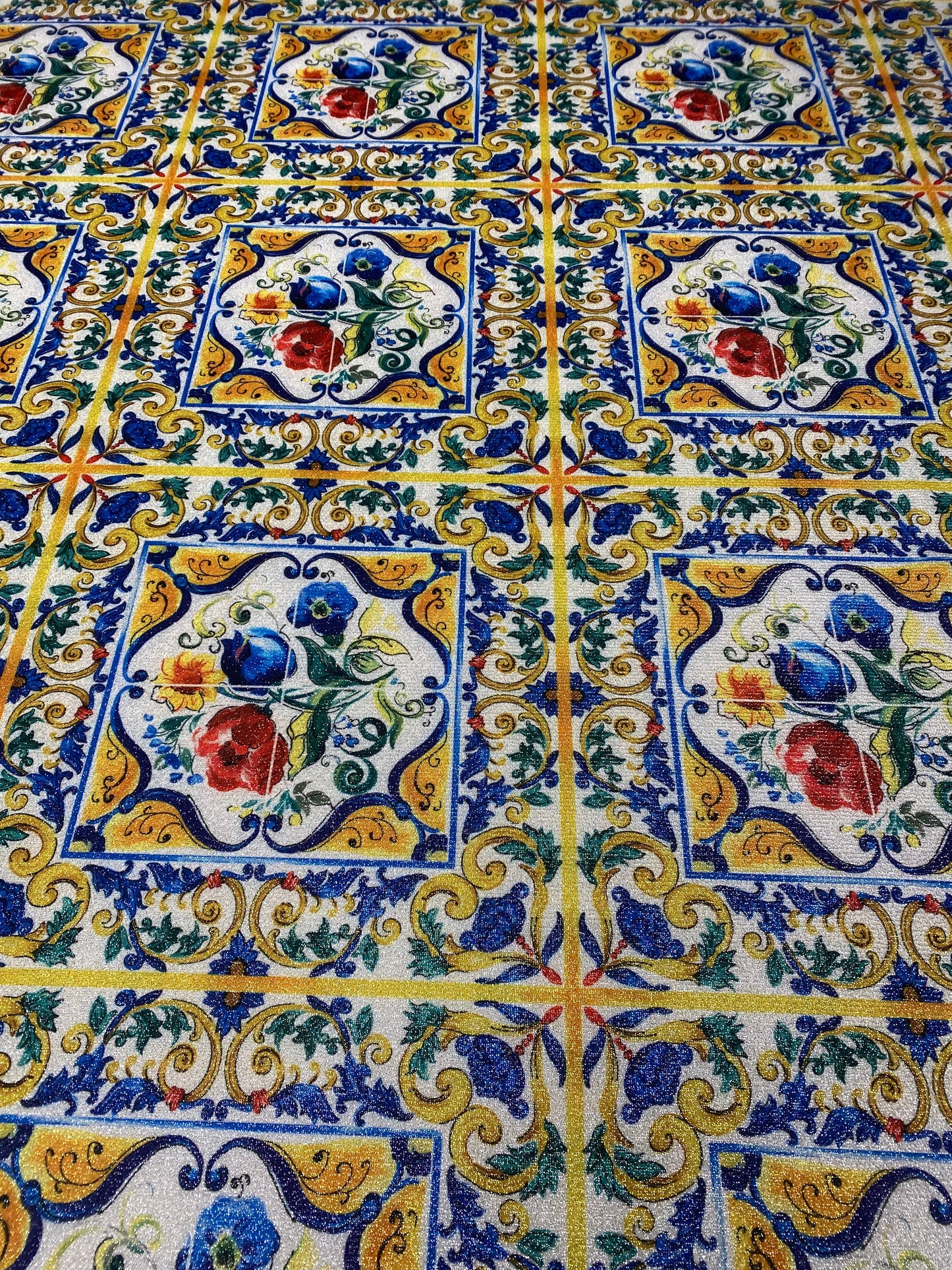 Mediterranean Tile Print Lurex Fabric with Shine