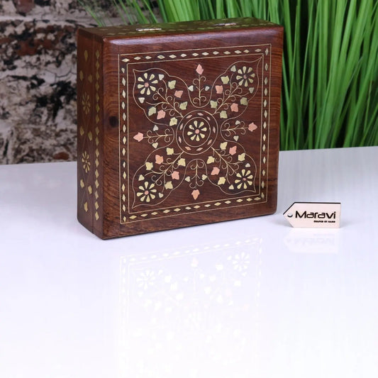 Lila Sheesham Wood Trinket Box Brass Inlay