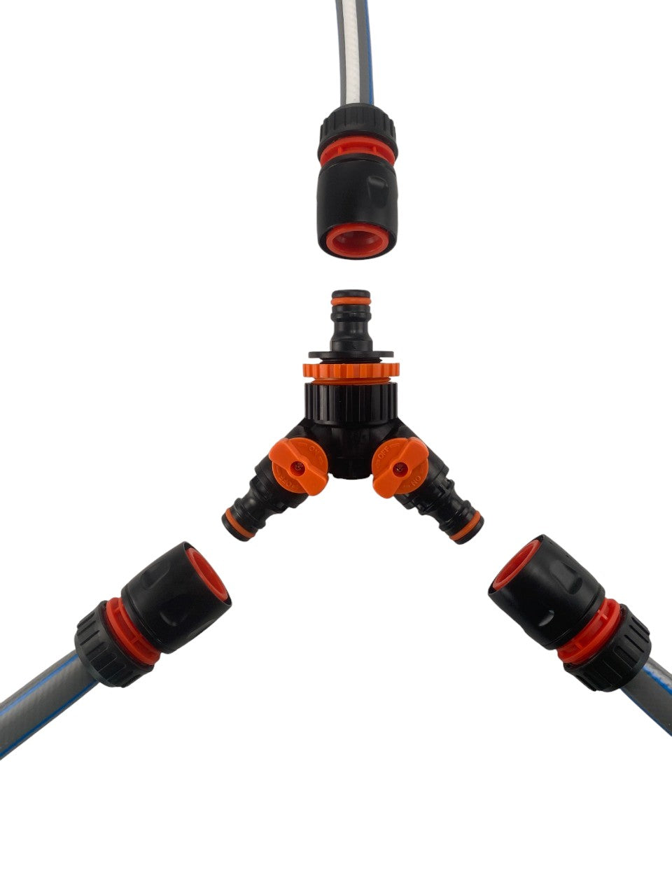 3 Way Connector Set with Valve Black Orange Garden Hose Pipe MDPE Pipe Connector