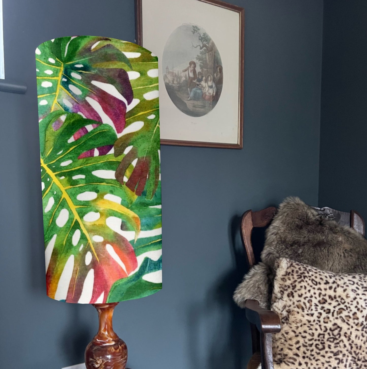 Multicoloured leaves cylinder lampshade, in cotton, extra tall lampshade