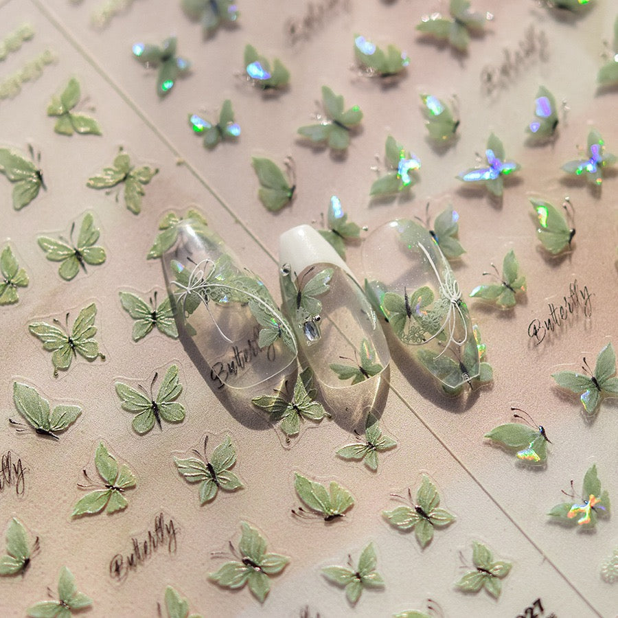Hello Claws | Crystal Green Butterfly 5D Embossed Pattern Design Nail Deco Sticker