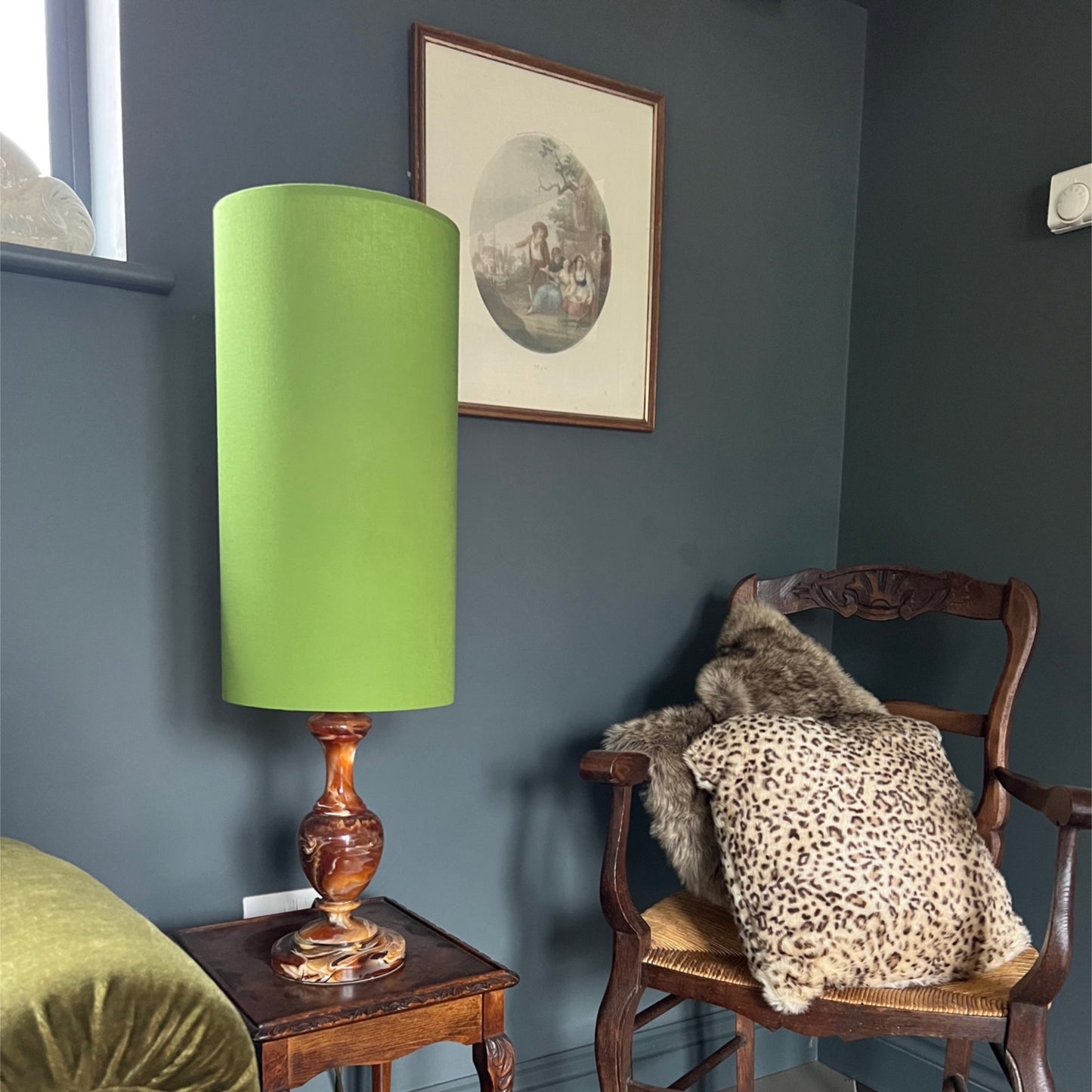 Green cotton cylinder lampshade, extra tall lampshade
