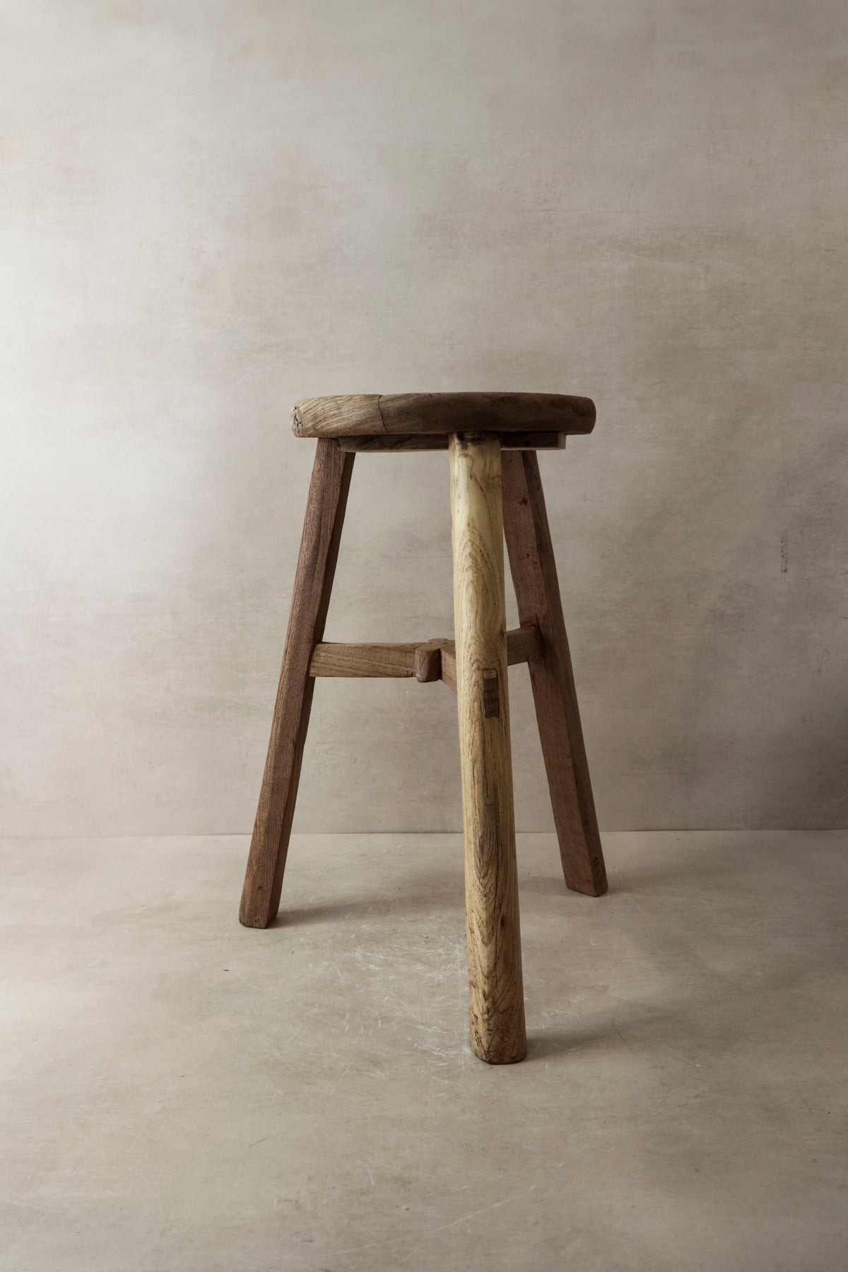 Vintage Rustic Elm Wood Stool - Round - No 1