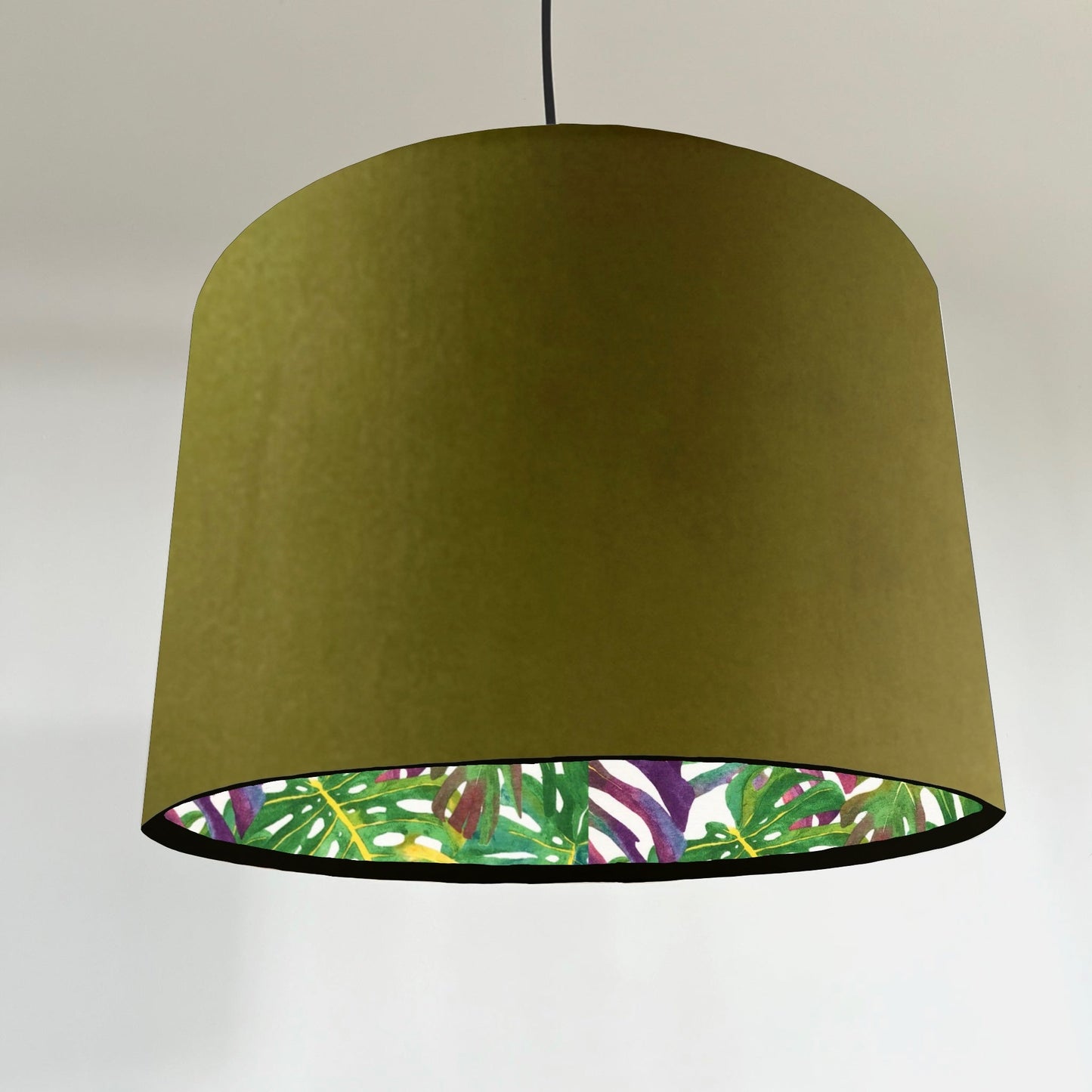 Olive velvet drum lampshade/ ceiling light shade with multicoloured leaves interior