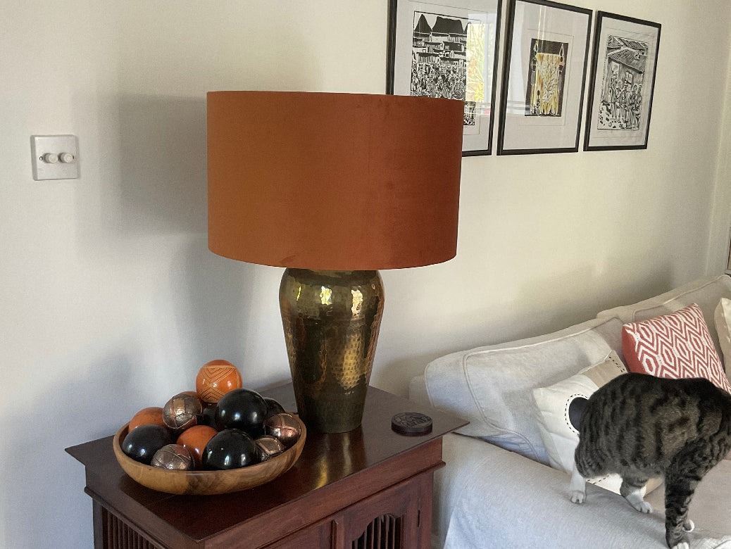 Burnt orange velvet drum lampshade/ ceiling light shade with light blue cotton interior