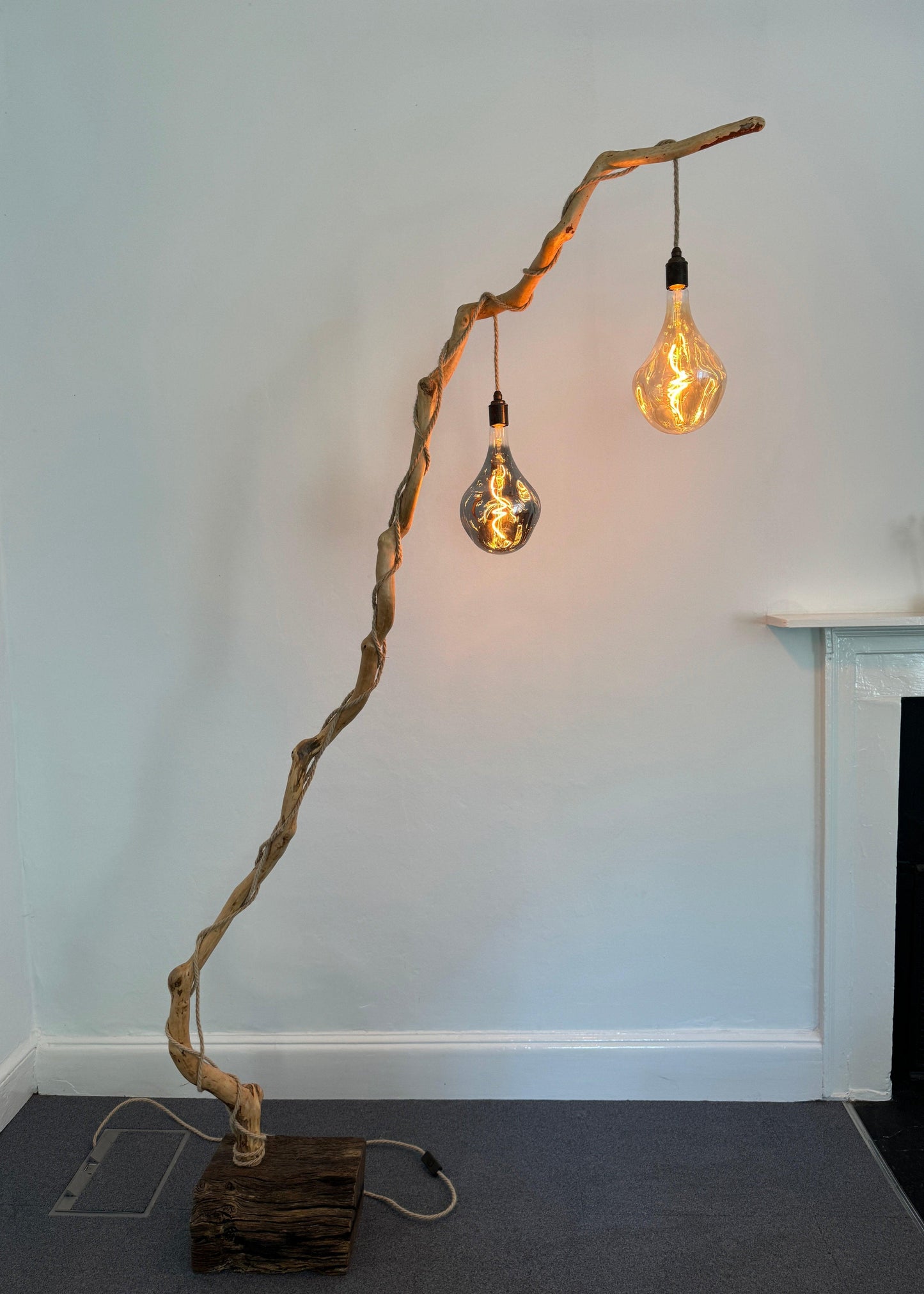 Charlotte – Double-Bulb Branch Floor Lamp with Reclaimed Timber Base