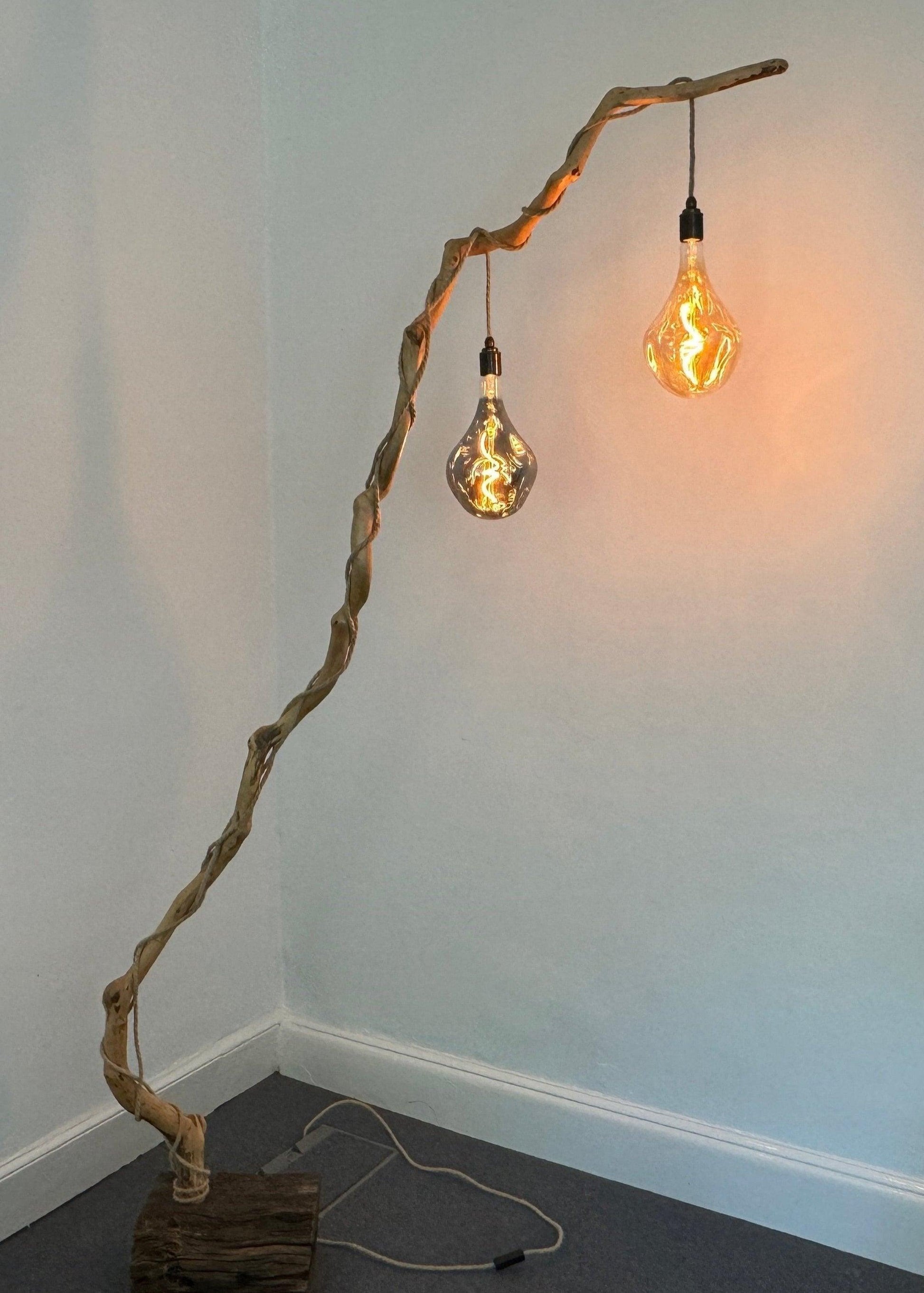 Charlotte – Double-Bulb Branch Floor Lamp with Reclaimed Timber Base