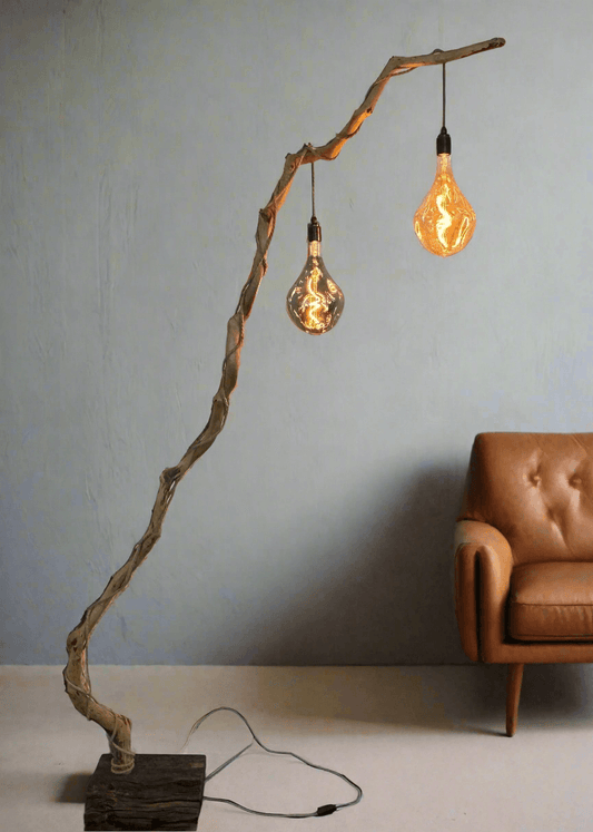 Charlotte – Double-Bulb Branch Floor Lamp with Reclaimed Timber Base