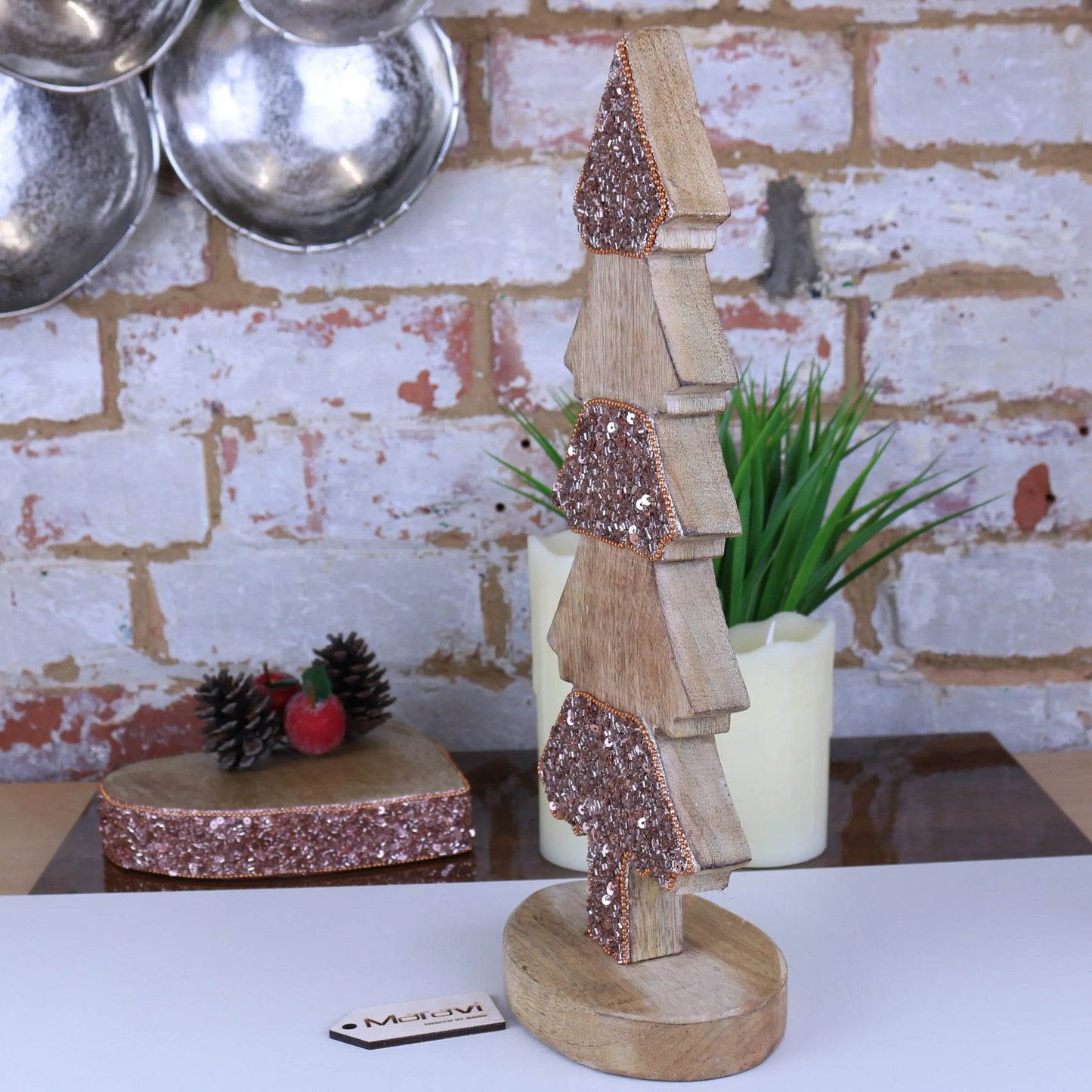 Lovell Wooden Christmas Tree Ornament Copper Jewel Design 38cm
