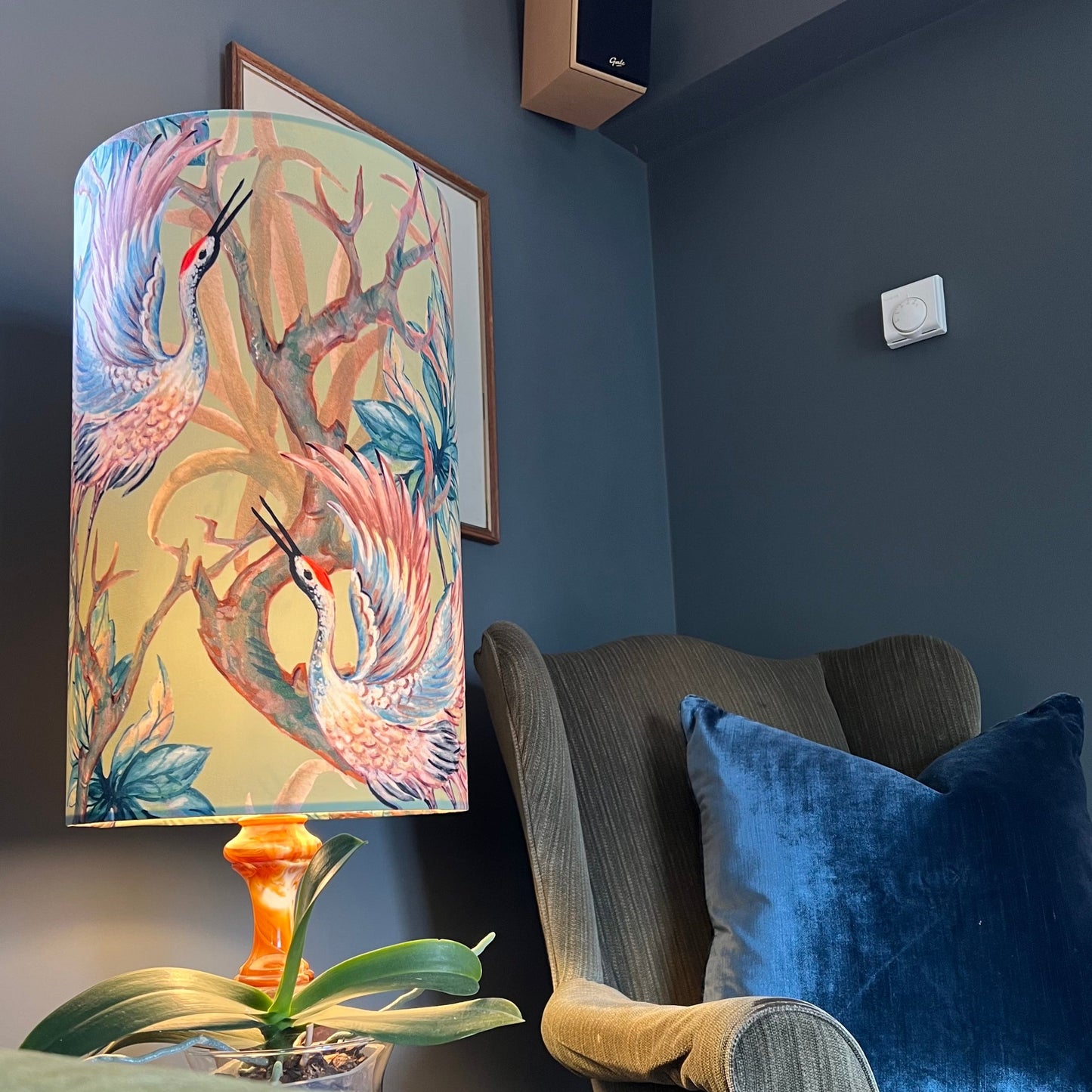 Crane birds velvet cylinder lampshade, extra tall lampshade