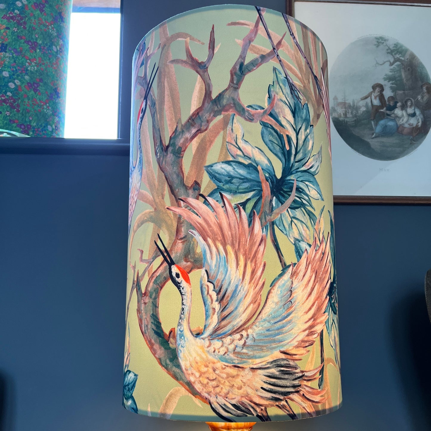 Crane birds velvet cylinder lampshade, extra tall lampshade