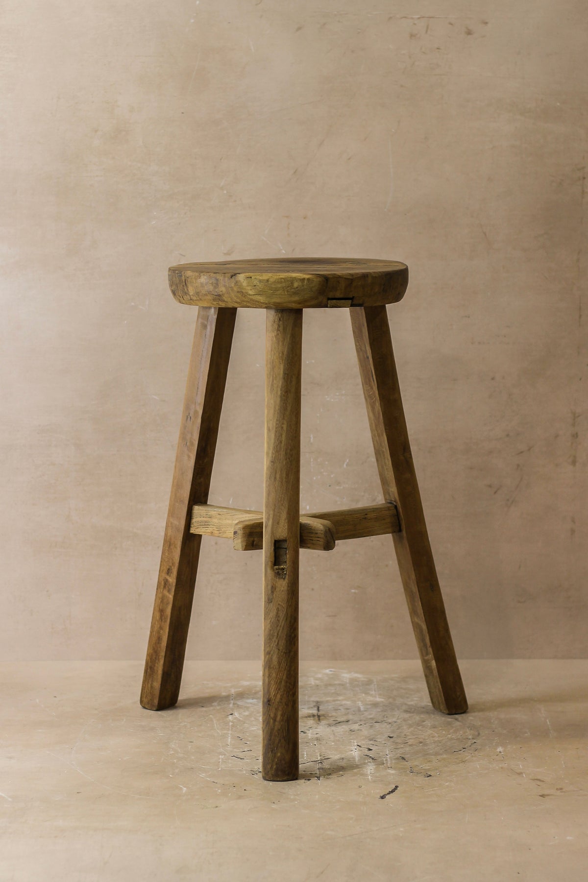 Vintage Rustic Elm Wood Stool - Round - No 42