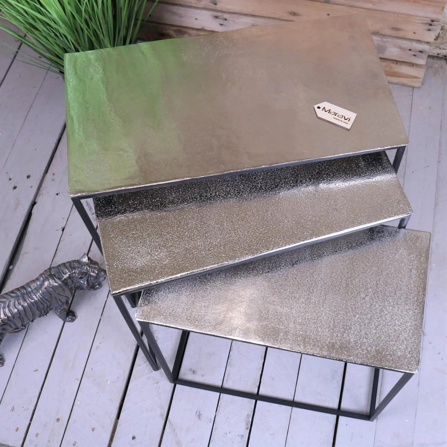 Karari Silver Nest of Tables Rectangular Aluminium Distressed Finish