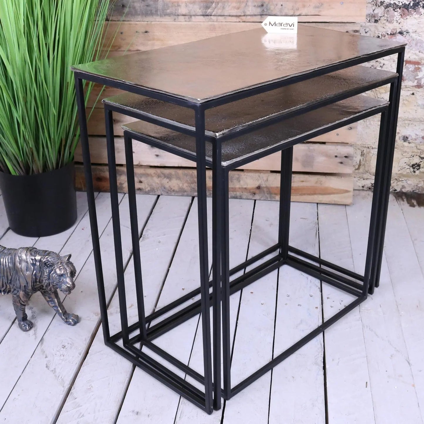 Karari Silver Nest of Tables Rectangular Aluminium Distressed Finish