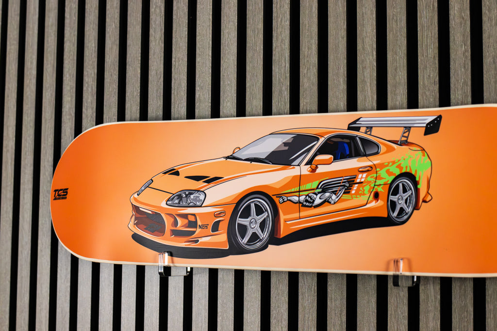 F and F inspired Orange Toyota Supra Skate Deck Wall Art