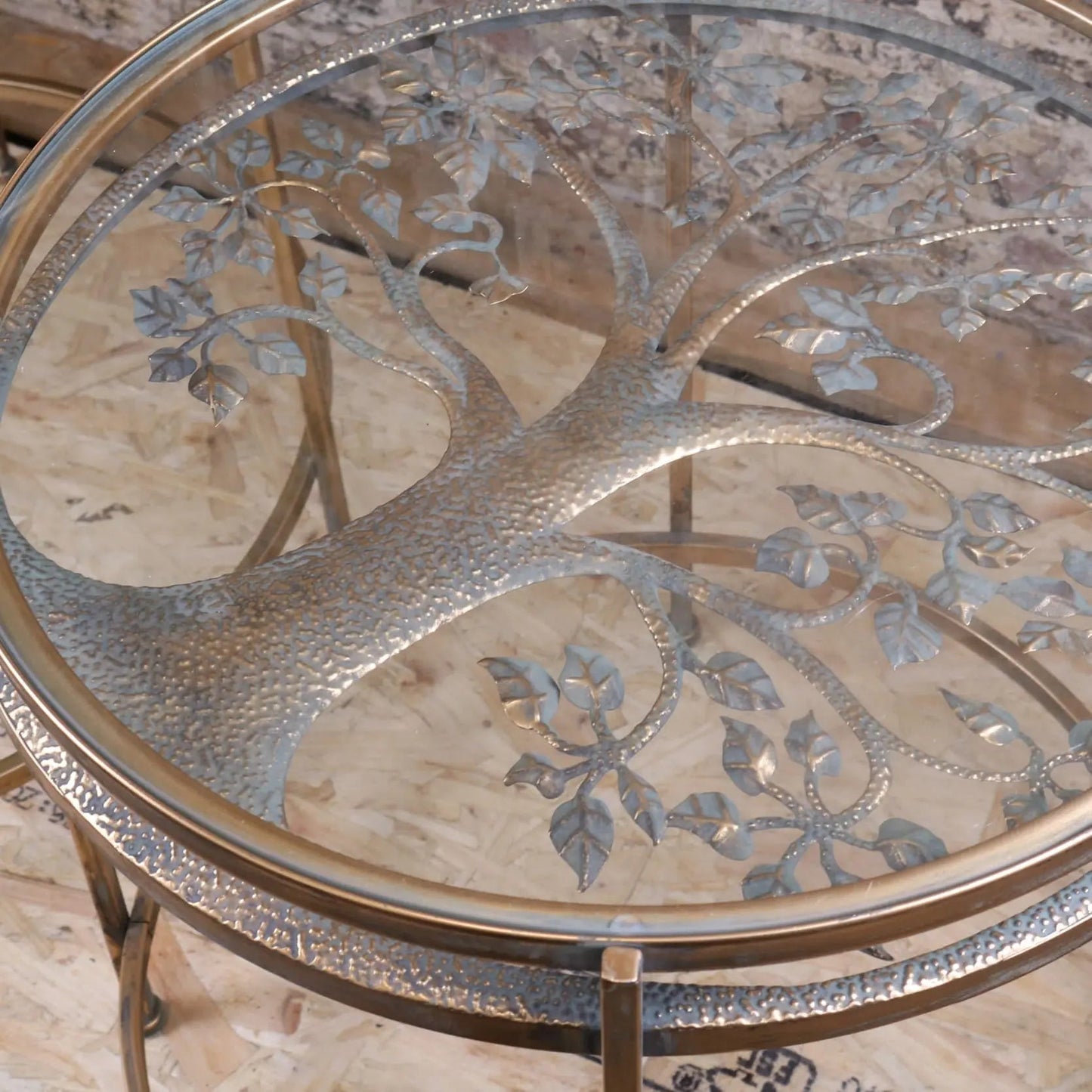 Belagavi Tree Design Set of 2 Round Side Tables Gold