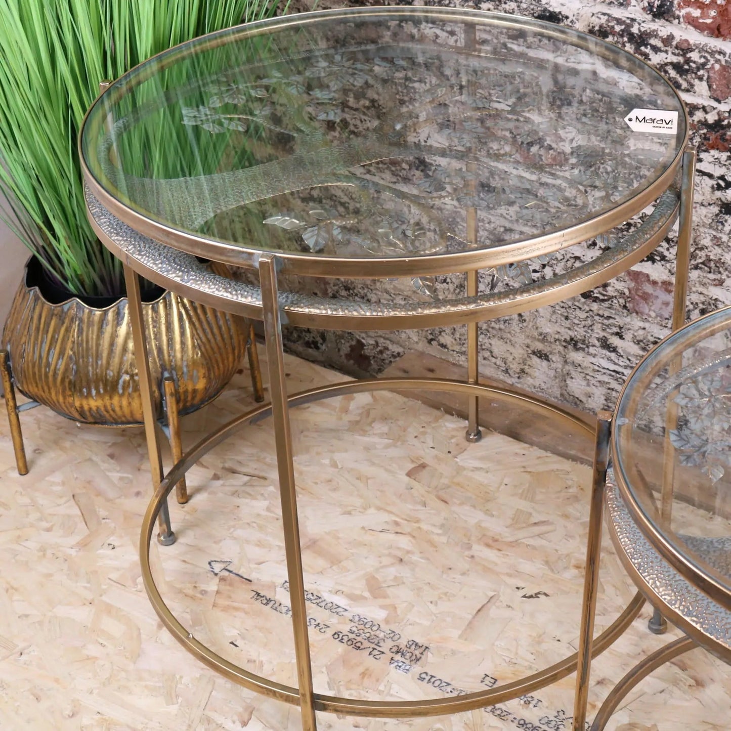 Belagavi Tree Design Set of 2 Round Side Tables Gold