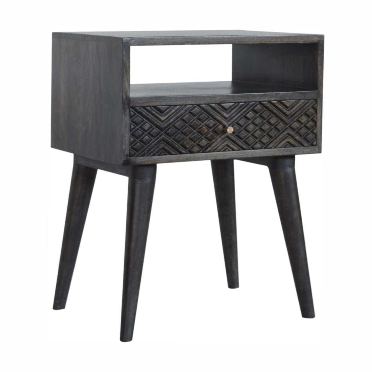 Ash Black Carved Drawer Bedside Table
